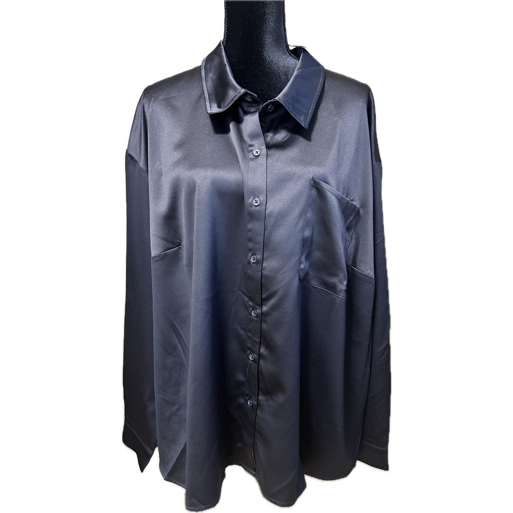 Love Fire Black Satin Button Down Shirt Long Sleeve Plus Size 3X MYFTW9000P NEW